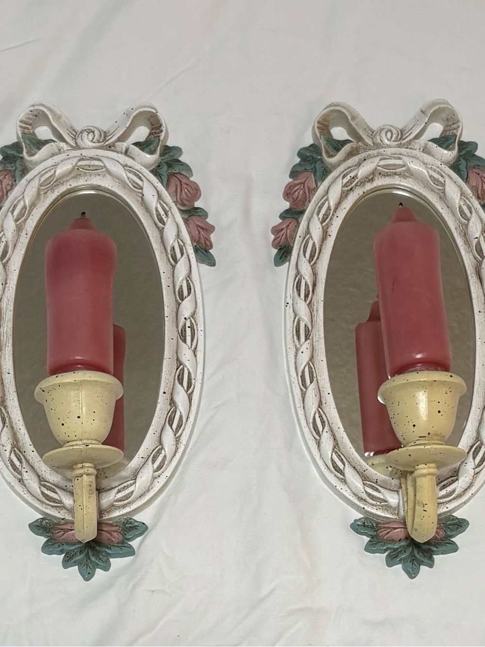 Vintage Burwood Bows & Roses Mirror Wall Candle Sconces